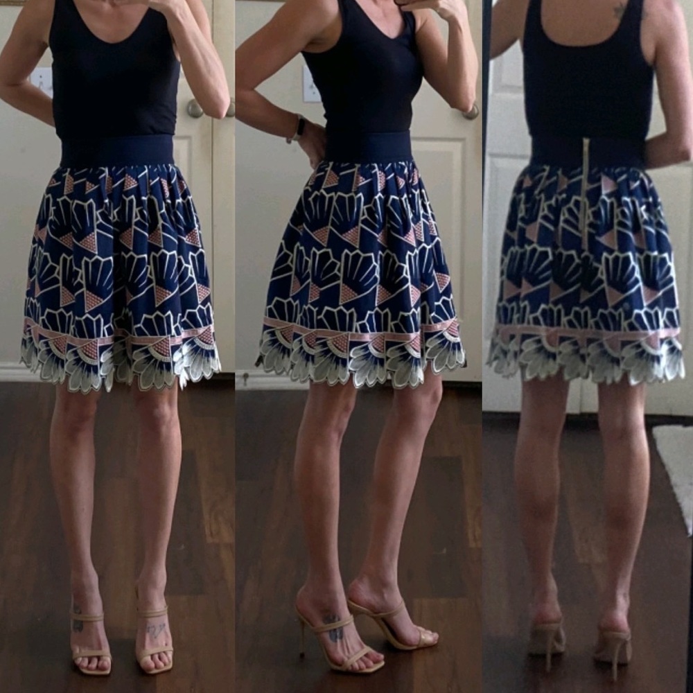 Anthropologie Lauren Moffatt silk navy blue pink ivory embroidered a-line skirt